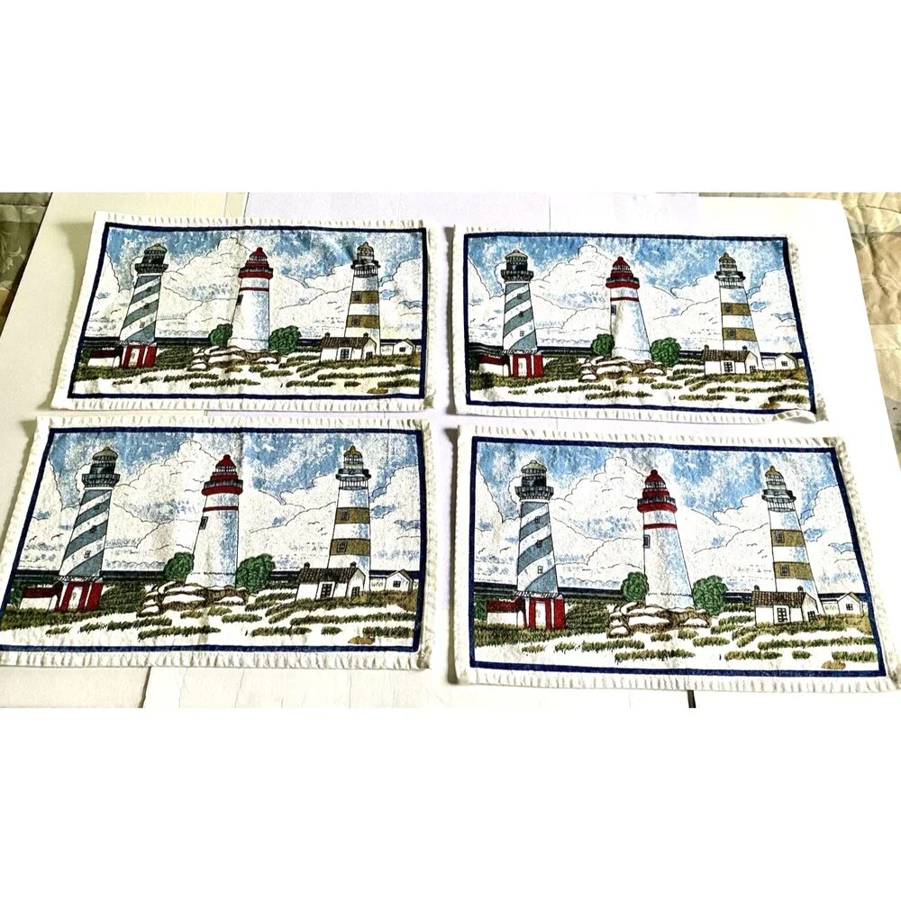 Nautical Lighthouse Placemats Off White Cotton Blend Set Of 4 Beach Sea Ocean